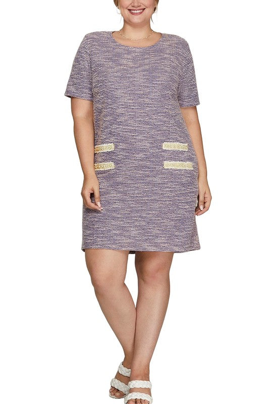 Full Size Short Sleeve Pearl Studded Trim Knit Tweed Dress Plus Size –Elegant and Glamorous Dress with Pearl Detailing for Upscale Events