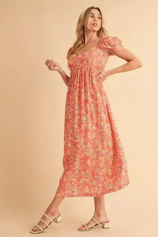 Floral Cutout Back Midi Dress - Square Neck & Puff Sleeves | Femstylo