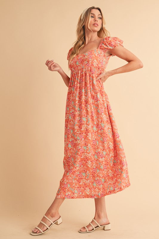 Cutout Back Floral Square Neck Puff Sleeve Midi Summer Dress For Women – Elegant & Feminine with Modern Details, Perfect for Special Occasions