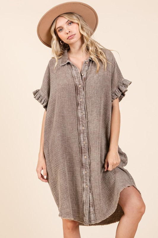 Mineral Wash Cotton Gauze Mini Shirt Dress For Women – Casual, Relaxed Fit with Charming Ruffle Sleeves and Practical Pockets