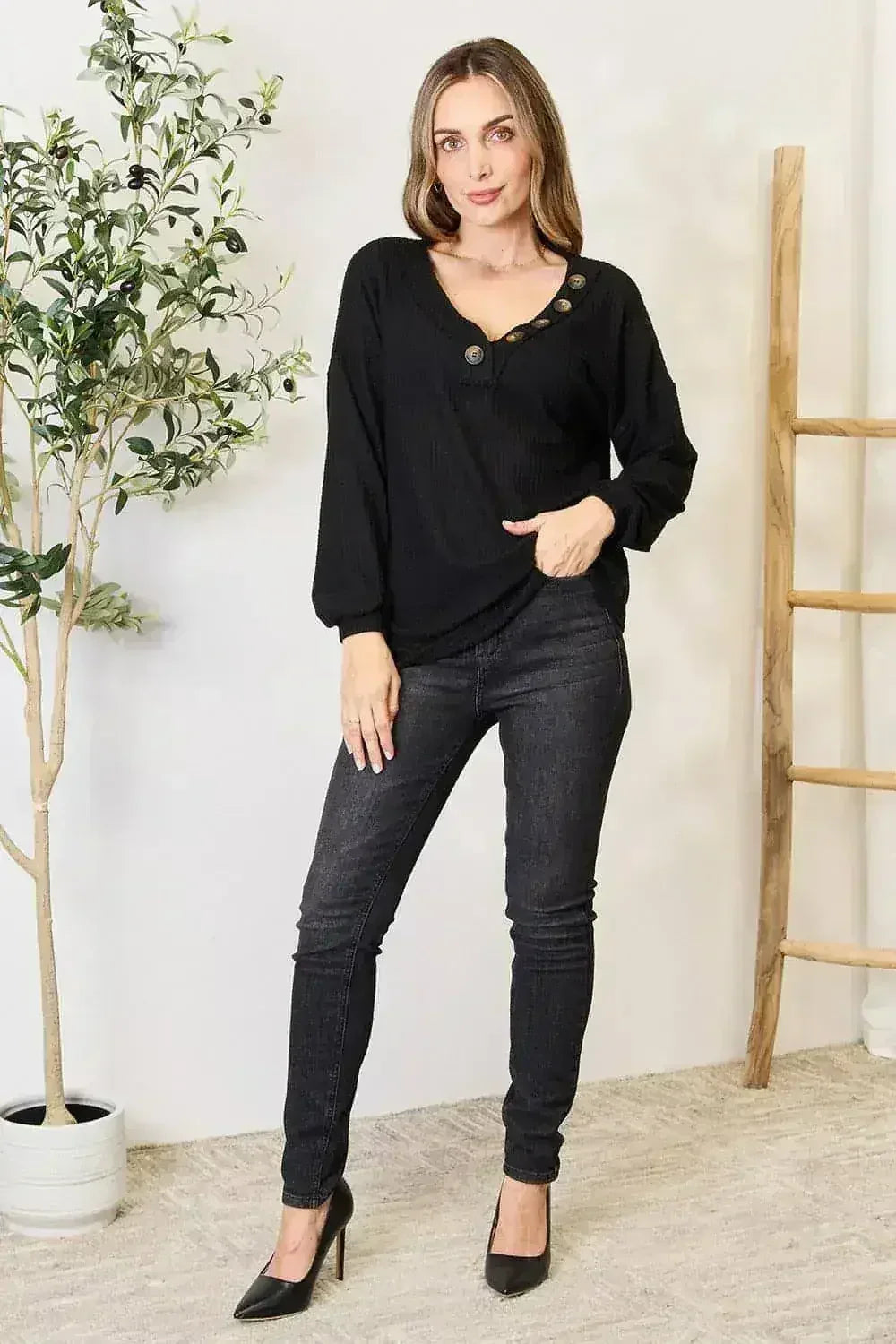 Buttoned Long Sleeve Blouse - Classic Modern Top | Femstylo