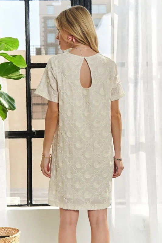Applique Round Neck Short Sleeve Shift Dress – Timeless & Elegant Round Neck Shift Dress with Sophisticated Applique Detailing for Versatile Day-to-Night Wear