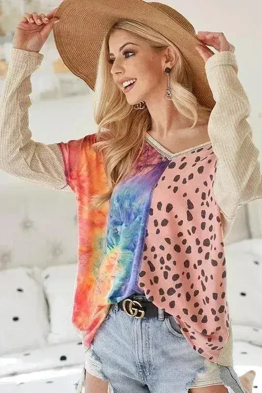 BiBi Print Block V Neck Top with Contrast Stitching