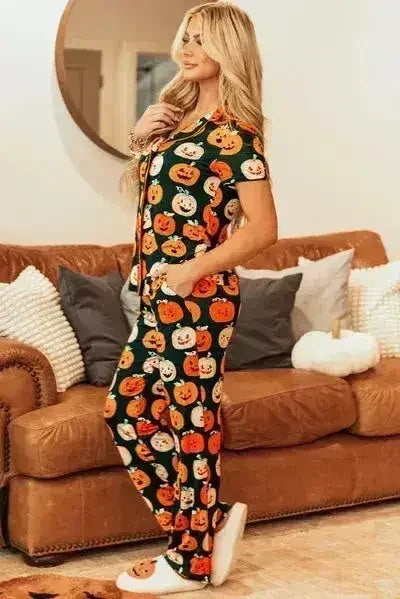 Pumpkin Printed Short Sleeve Top and Pants Lounge Set