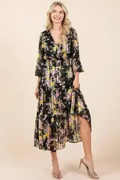 Floral Lurex Stripe Midi Dress – Smocked Waist & Satin Shine | Femstylo