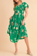 Green Floral Print Bubble Sleeve Smocked Tiered Midi Dress