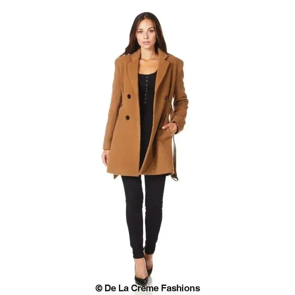 De La Creme - Womens Camel Textured Short Belted Coat