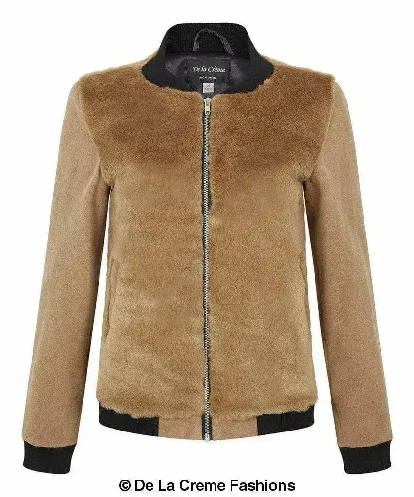 De La Creme - Womens Faux Fur Zip-Thru Varsity Bomber Jacket