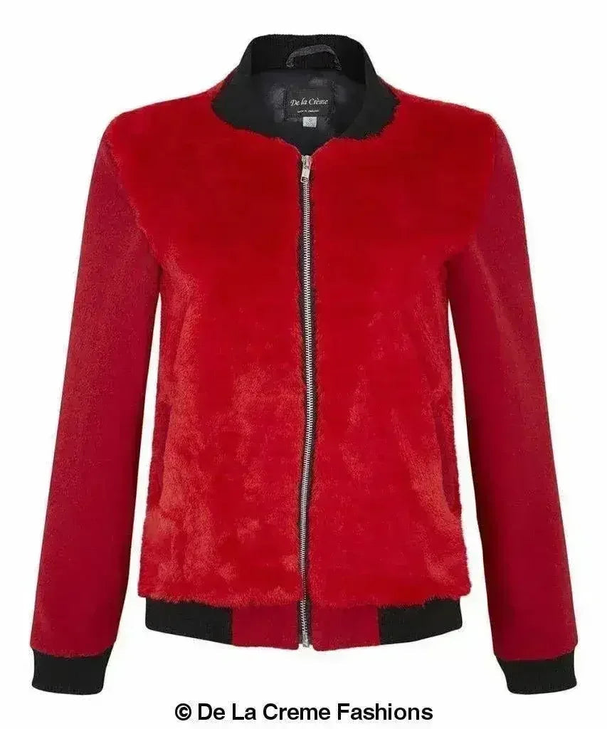 De La Creme - Womens Faux Fur Zip-Thru Varsity Bomber Jacket