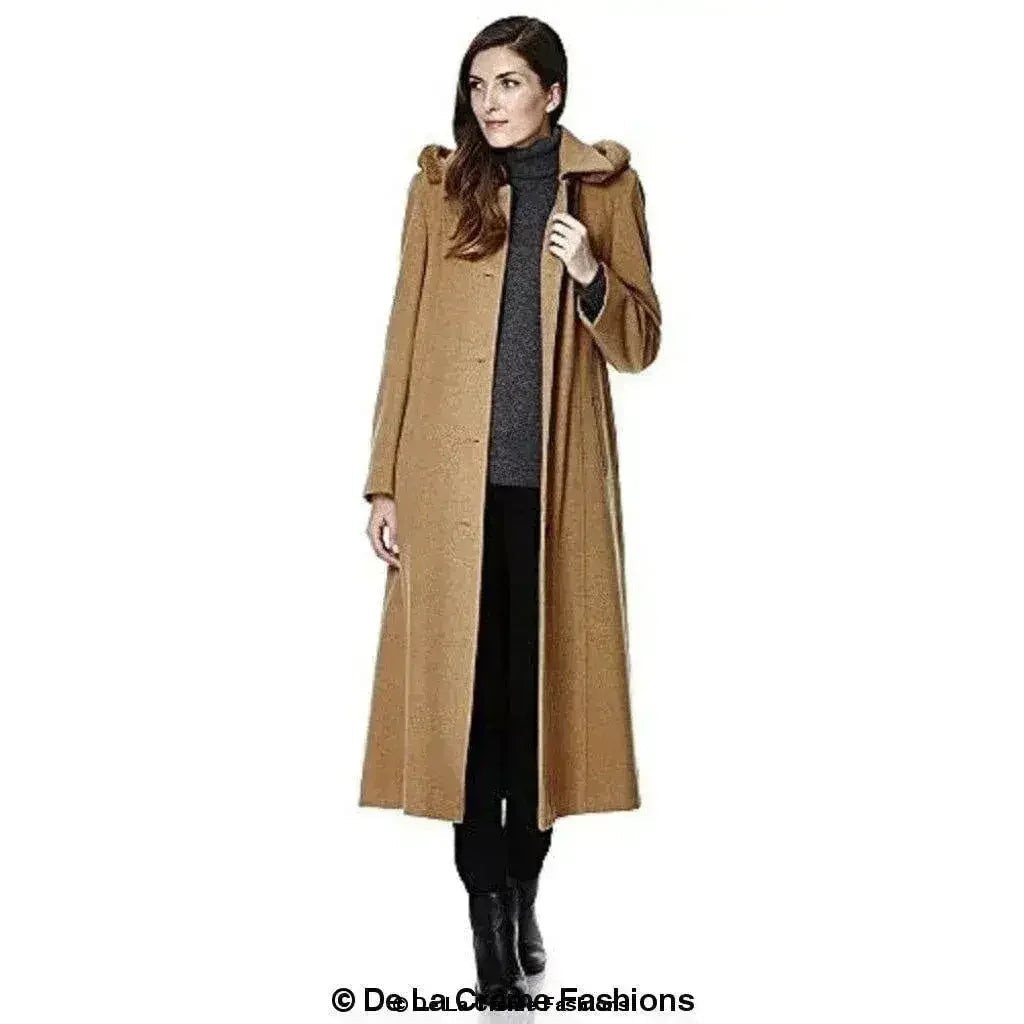 Wool Blend Faux Fur Trim Hooded Long Coat