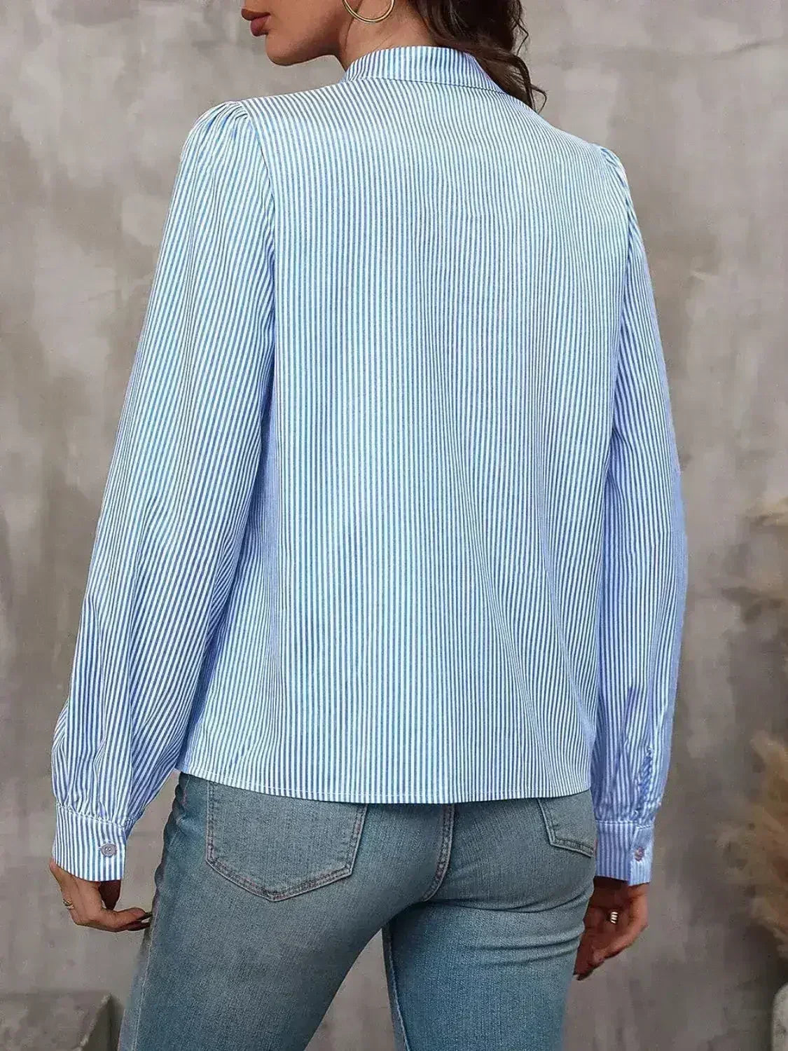 Striped Tie Neck Long Sleeve Blouse – Femstylo