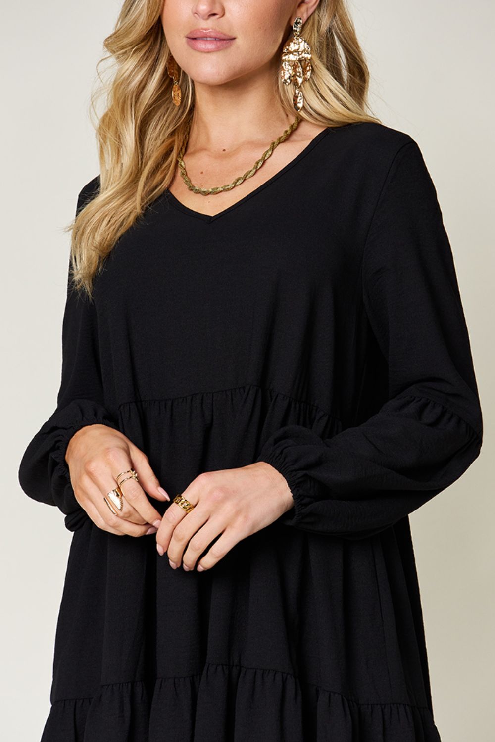 Light Green Double Take Full Size V-Neck Sleeve Tiered Dress with Pockets Elegant & Comfortable Casual Dress