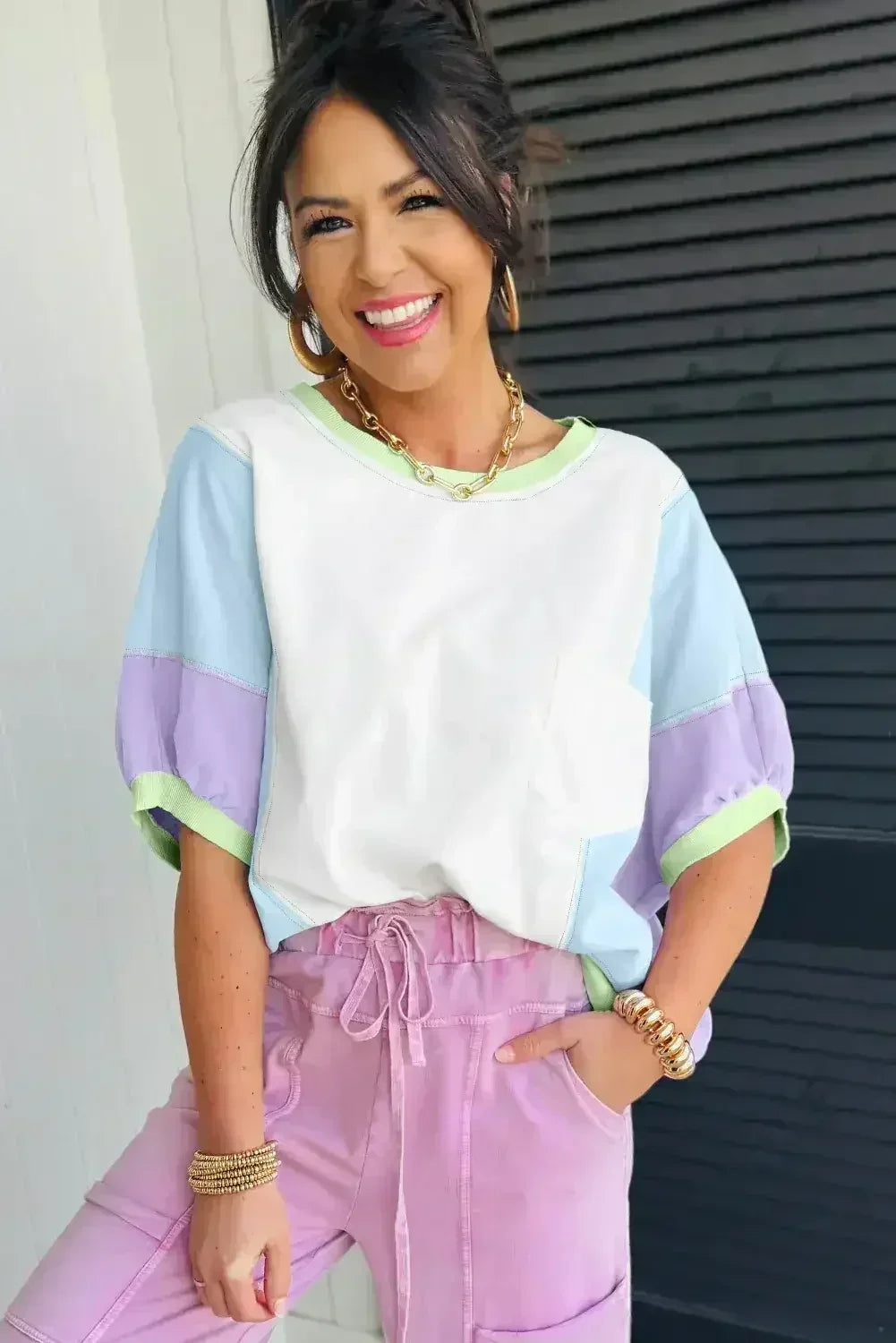 Purple Colorblock Patchwork Oversized T Shirt