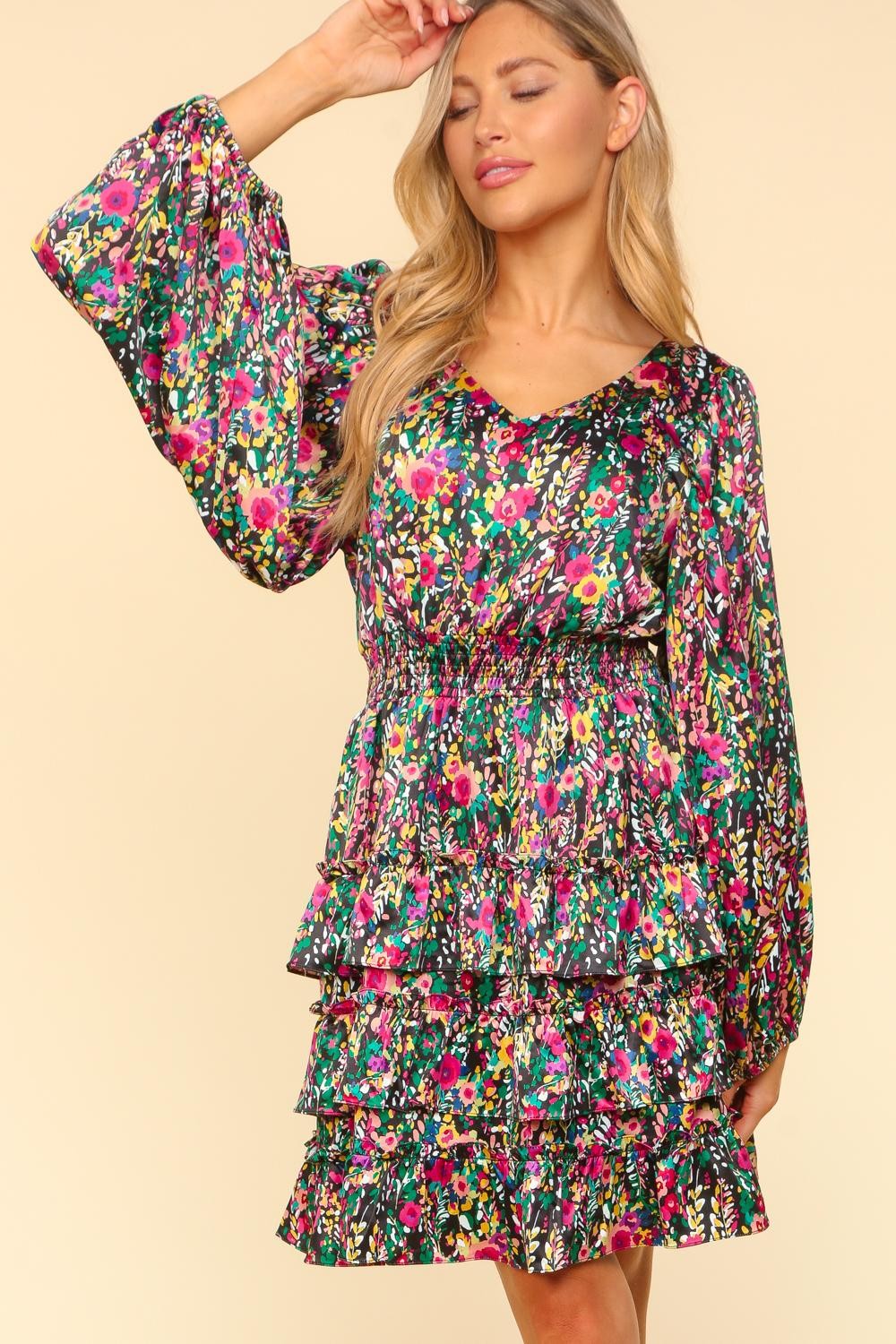 V-Neck Satin Floral Layered Dress – Satin Floral Dress, Layered V-Neck Dress, Elegant Floral Dress, Flowy Satin Dress, Summer Party Dress