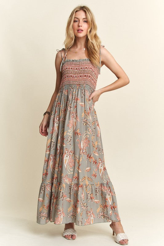Smocked Printed Square Neck Tie Shoulder Cami Dress For Women – Trendy Smocked Cami Dress with Square Neckline, Tie Shoulders, and Playful Print for a Chic Summer Look
