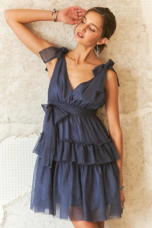 Tie Shoulder Polka Dot Mesh Dress For Women – Flirty Retro Polka Dot Elegant Dress with Adjustable Ties & Sheer Mesh Fabric For Special Occasions
