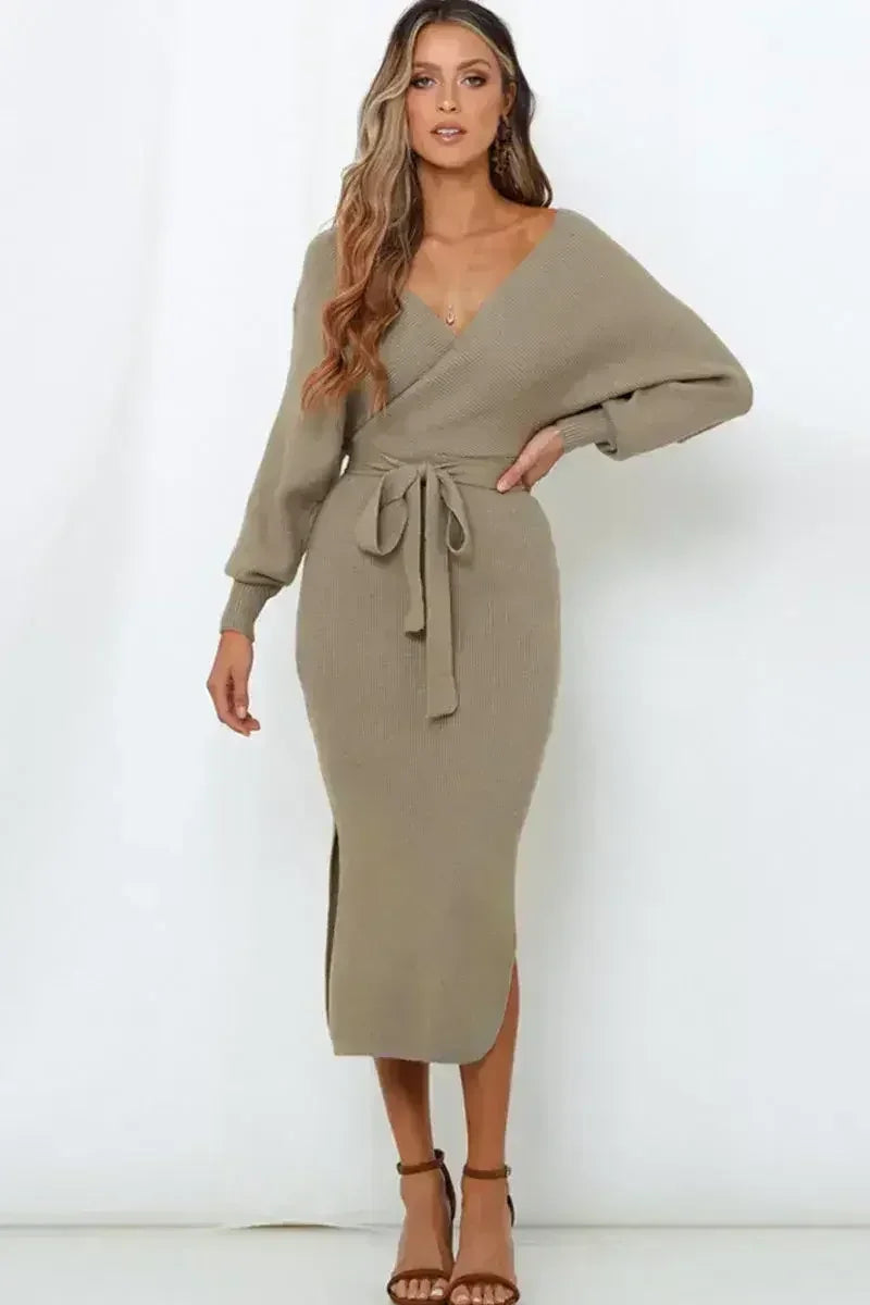 Surplice Neck Bow Waist Slit Sweater Dress