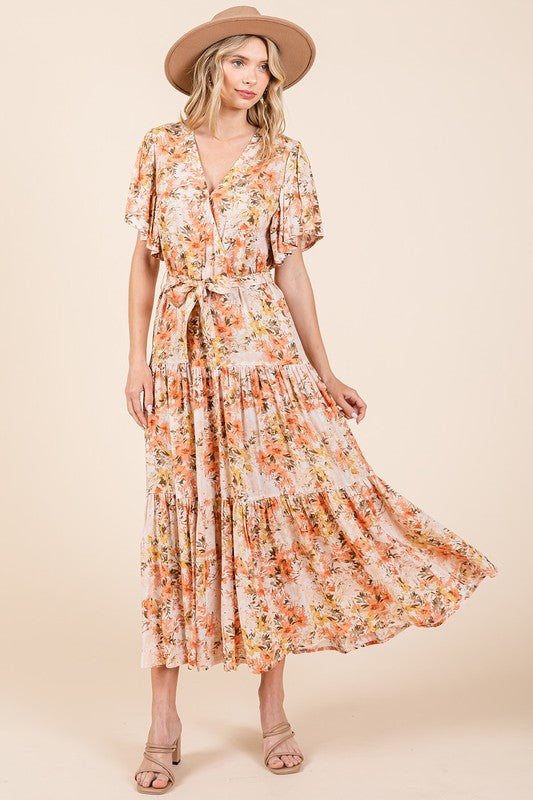 New Summer Floral Tie Waist Flutter Sleeve Tiered Dress – Graceful and Feminine Dress with Bohemian Charm and Flattering Tie Waist