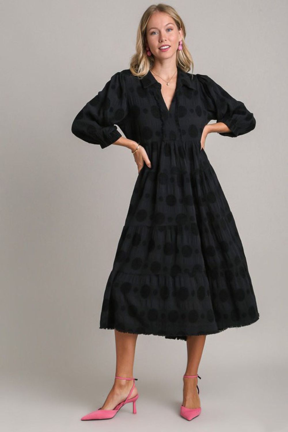 Black Full Size Solid Dotted Midi Dress Elegant Plus Size Fashion Women Dress