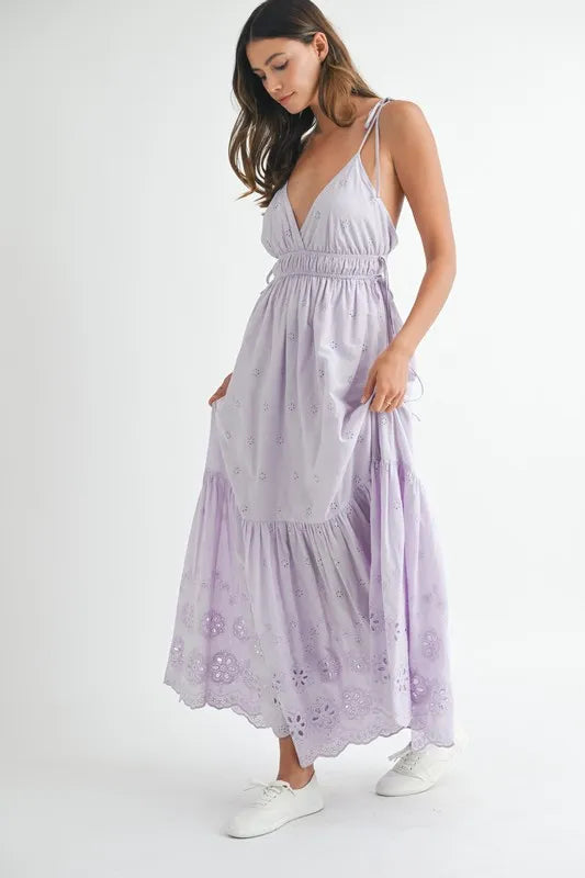 Eyelet Lace Maxi Dress With Side Strap Details – Elegant Fluttering Eyelet Lace Maxi Dress, Modern Side Strap Design, Formal Summer Maxi Dress, Sophisticated Event Dress