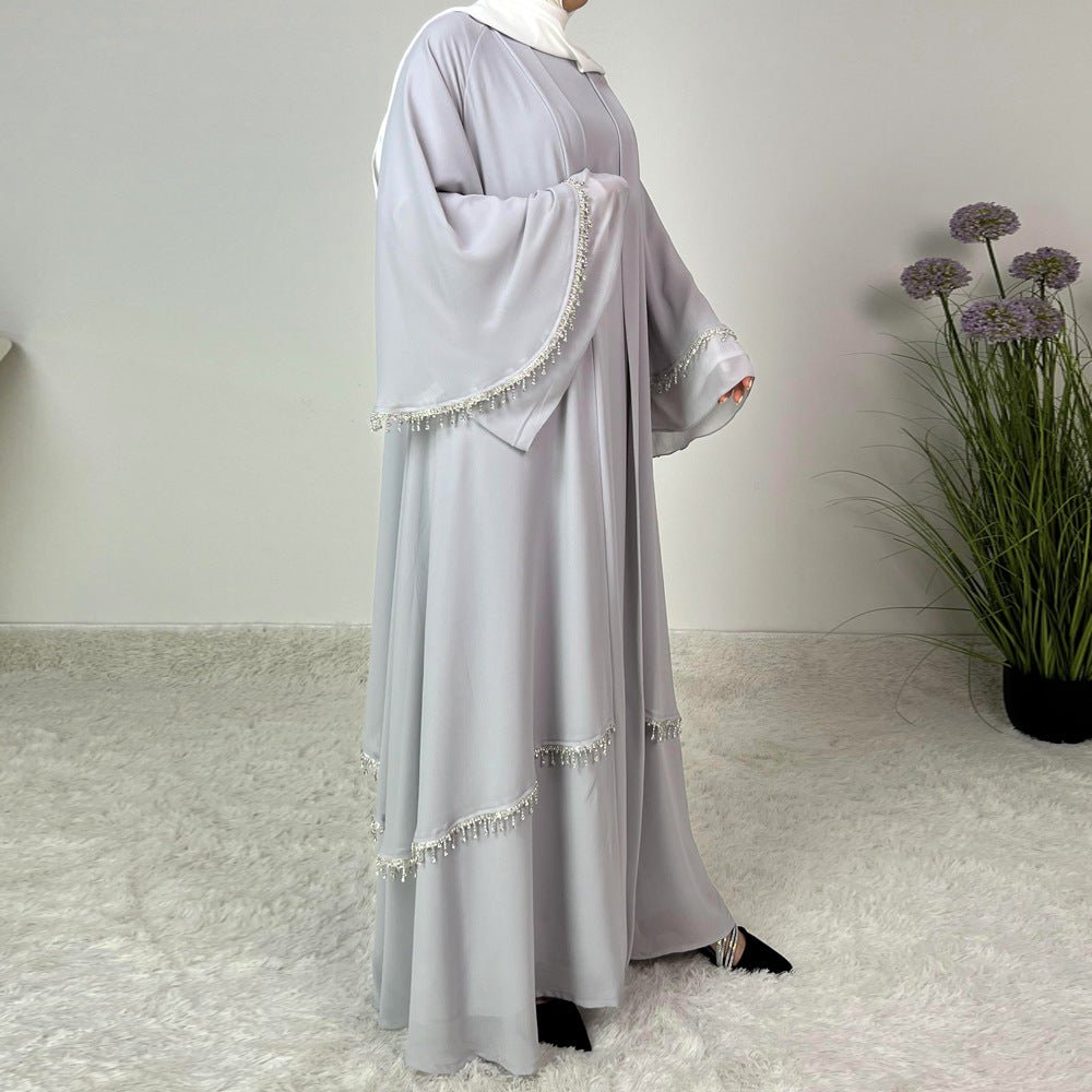 Diamond Beaded Fringe Flare Sleeve Chiffon Maxi Abaya Set (MOA148)