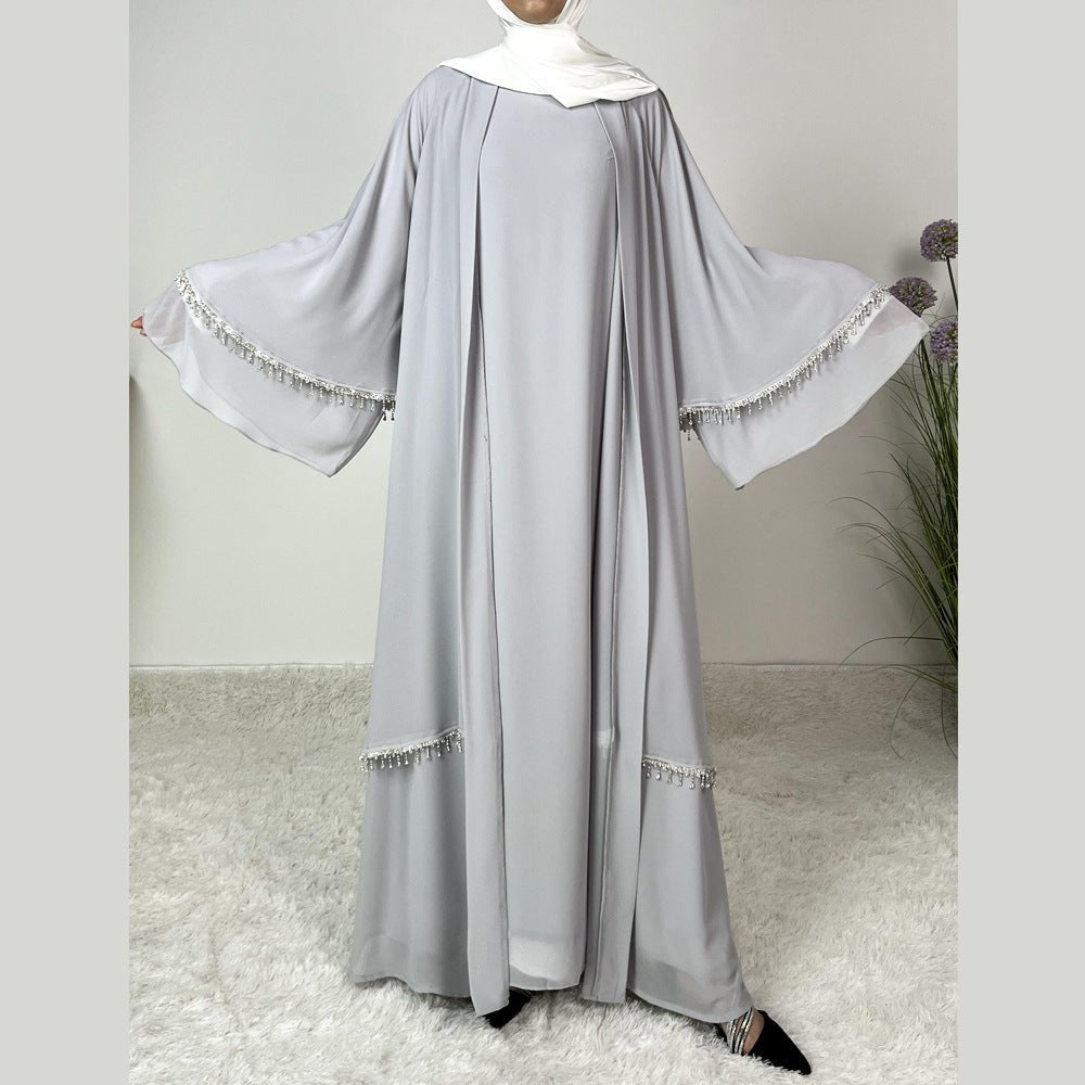 Diamond Beaded Fringe Flare Sleeve Chiffon Maxi Abaya Set (MOA148)