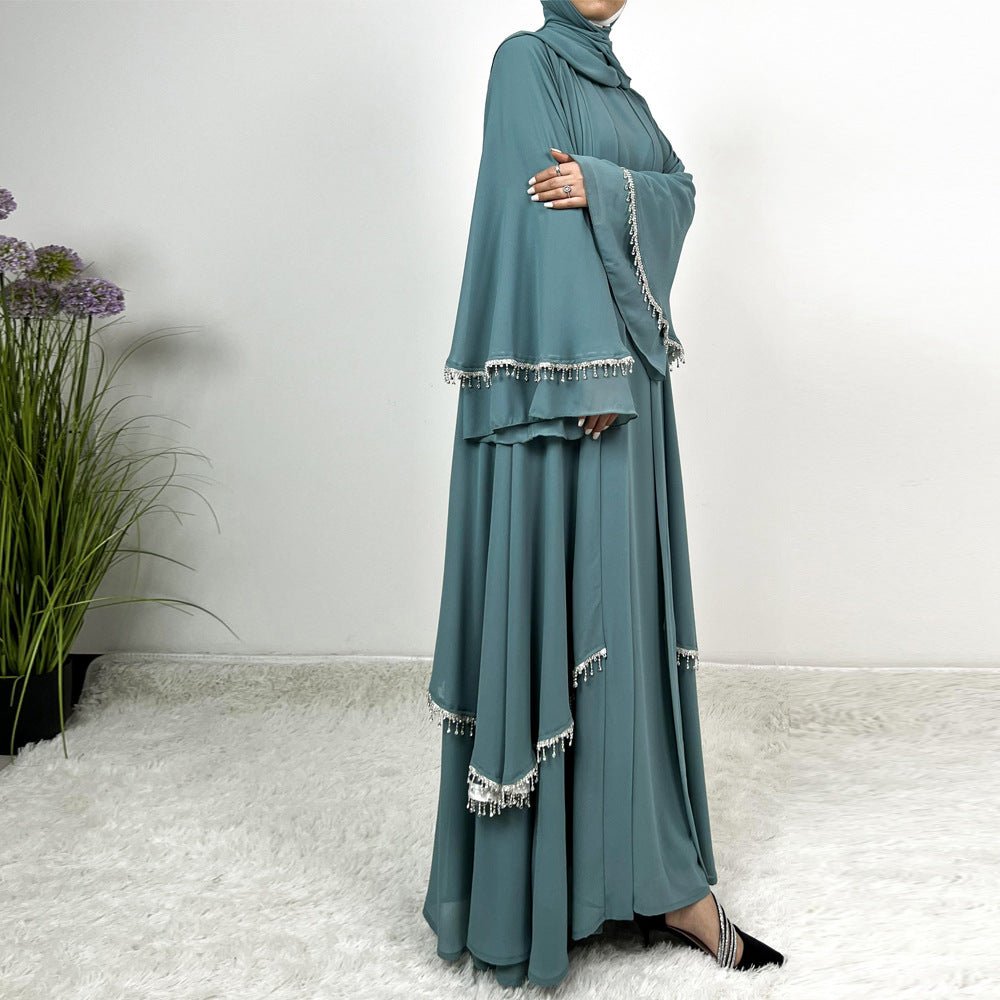 Diamond Beaded Fringe Flare Sleeve Chiffon Maxi Abaya Set (MOA148)
