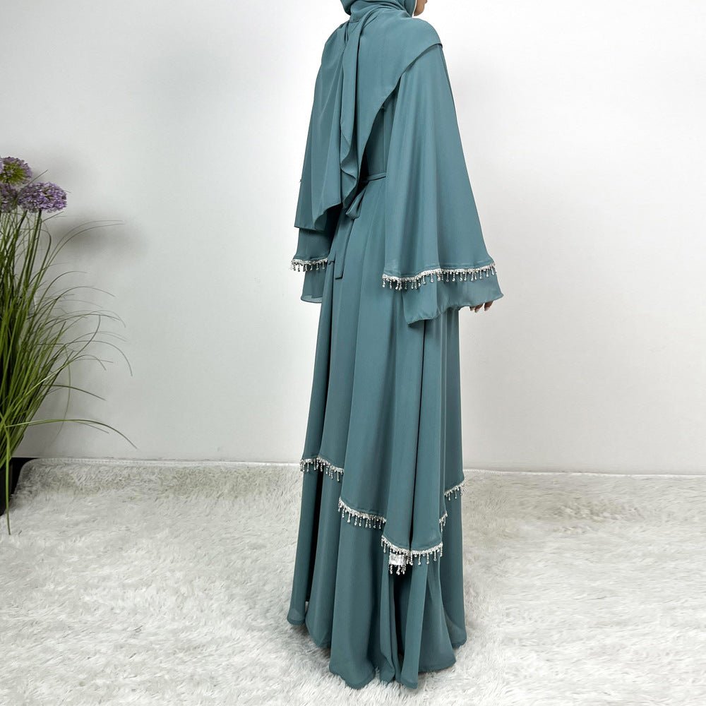 Diamond Beaded Fringe Flare Sleeve Chiffon Maxi Abaya Set (MOA148)