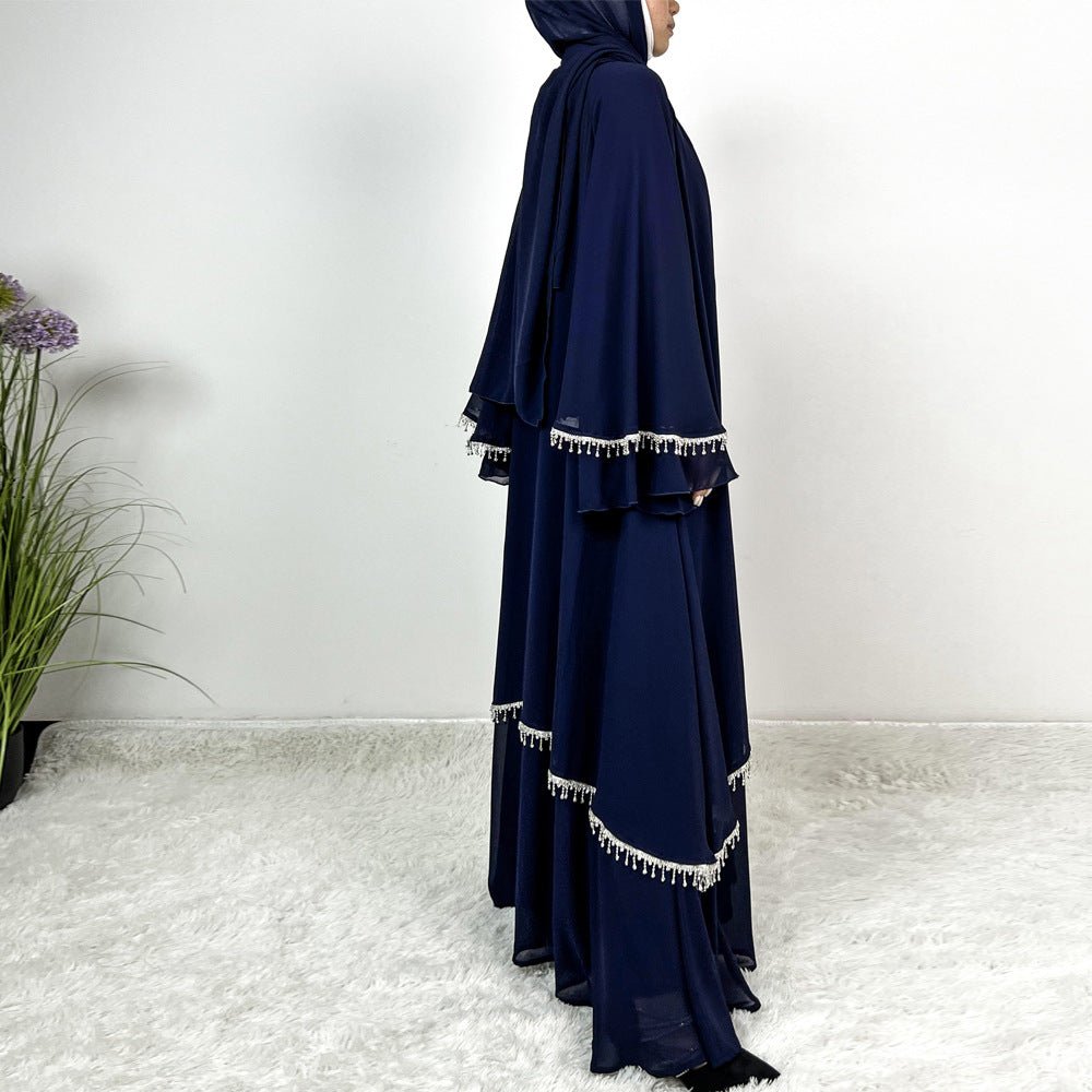 Diamond Beaded Fringe Flare Sleeve Chiffon Maxi Abaya Set (MOA148)