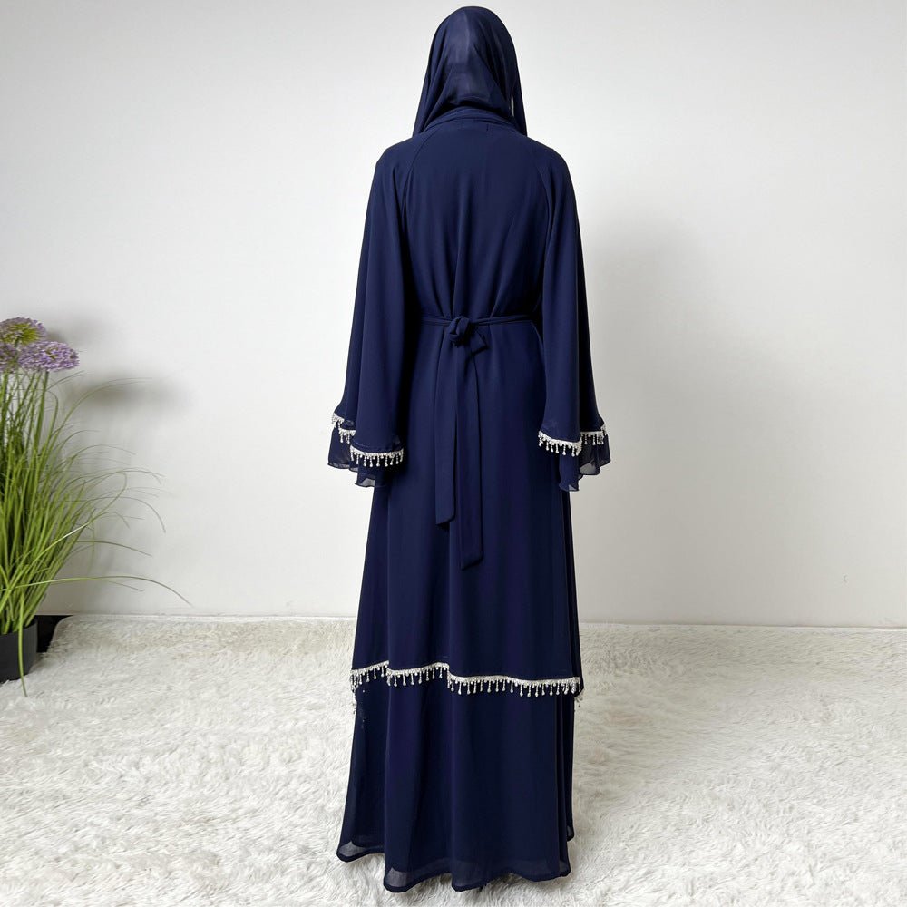 Diamond Beaded Fringe Flare Sleeve Chiffon Maxi Abaya Set (MOA148)