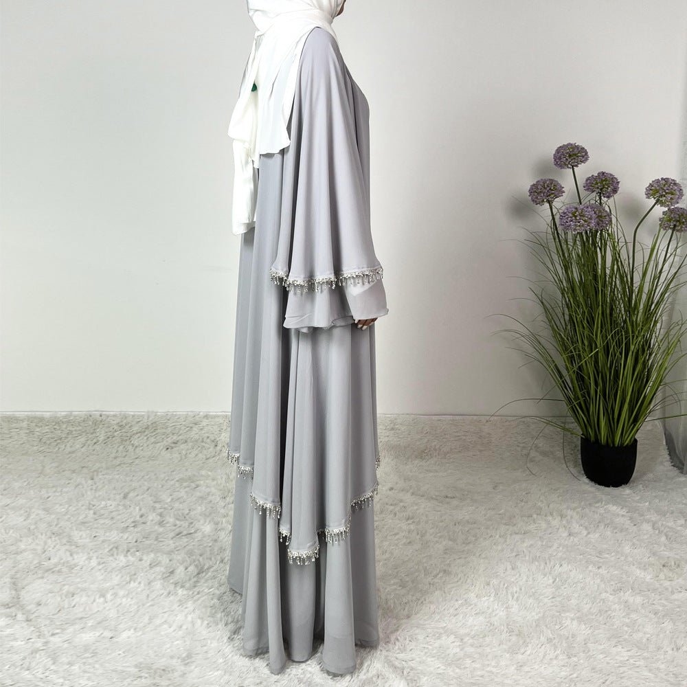 Diamond Beaded Fringe Flare Sleeve Chiffon Maxi Abaya Set (MOA148)