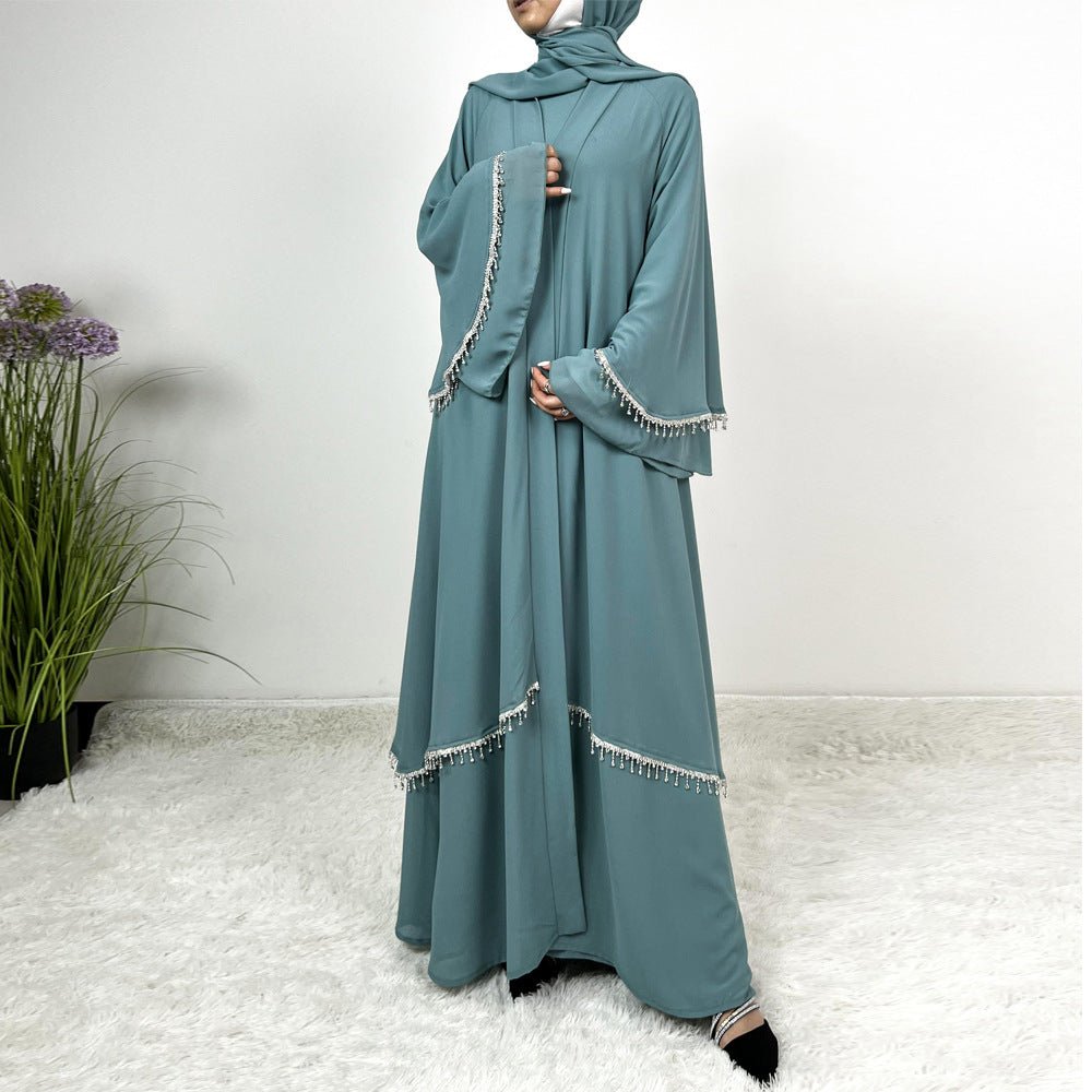 Diamond Beaded Fringe Flare Sleeve Chiffon Maxi Abaya Set (MOA148)