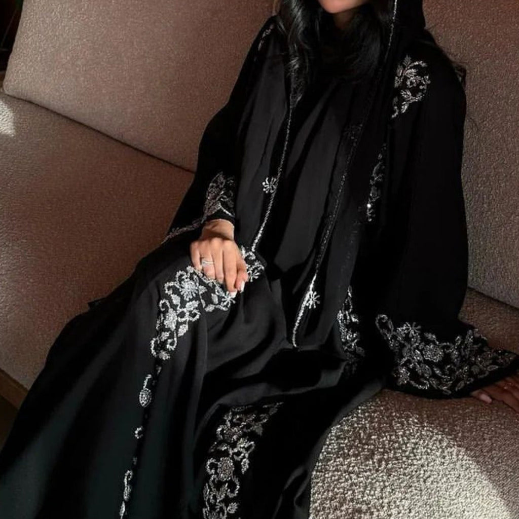 Luxury Black Embroidered Diamond Abaya Set (MOA184)