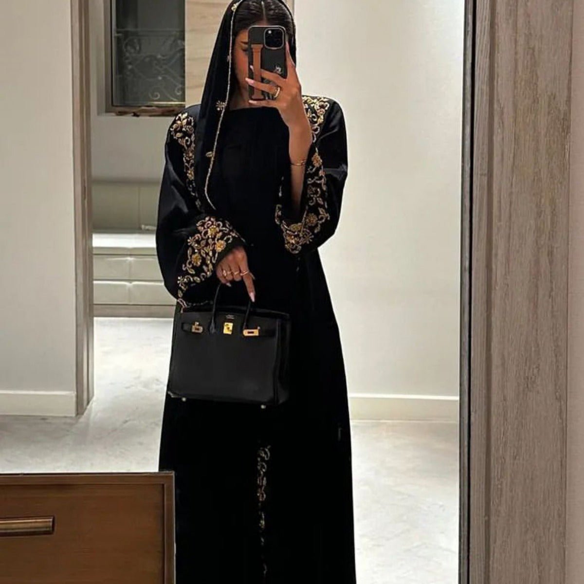 Luxury Black Embroidered Diamond Abaya Set (MOA184)