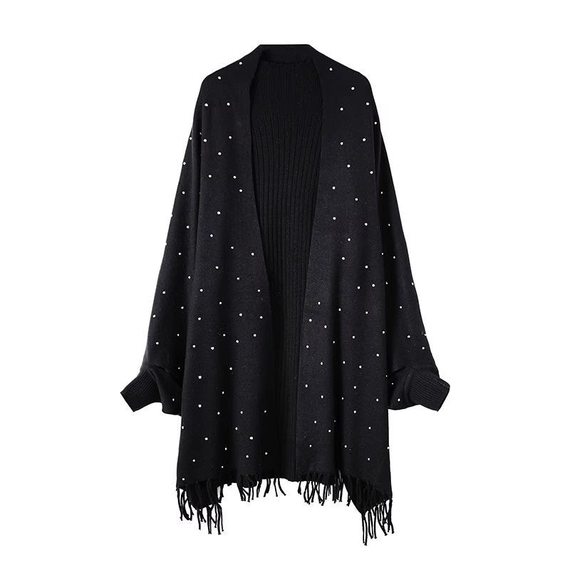 Diamond Embellished Cape Cardigan | Fringe Trim Knit Shawl Sweater(MS211)