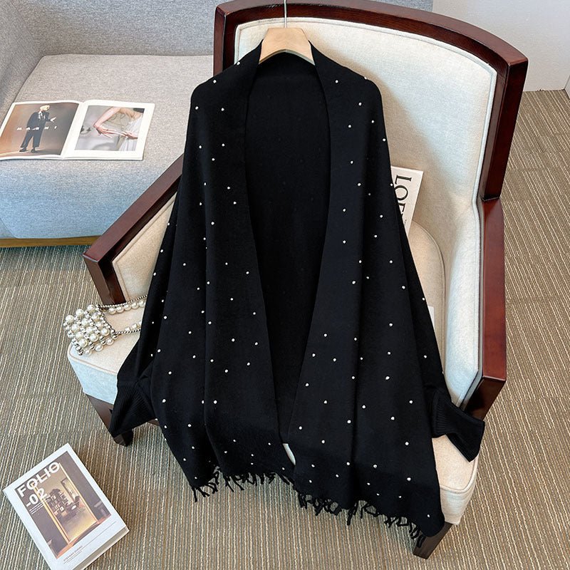 Diamond Embellished Cape Cardigan | Fringe Trim Knit Shawl Sweater(MS211)