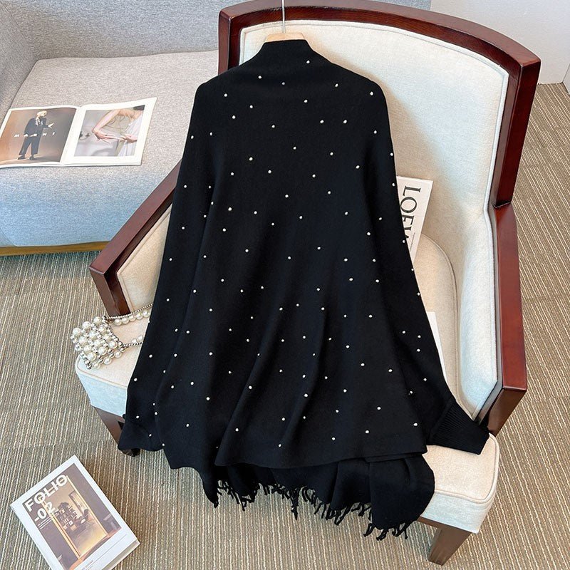 Diamond Embellished Cape Cardigan | Fringe Trim Knit Shawl Sweater(MS211)