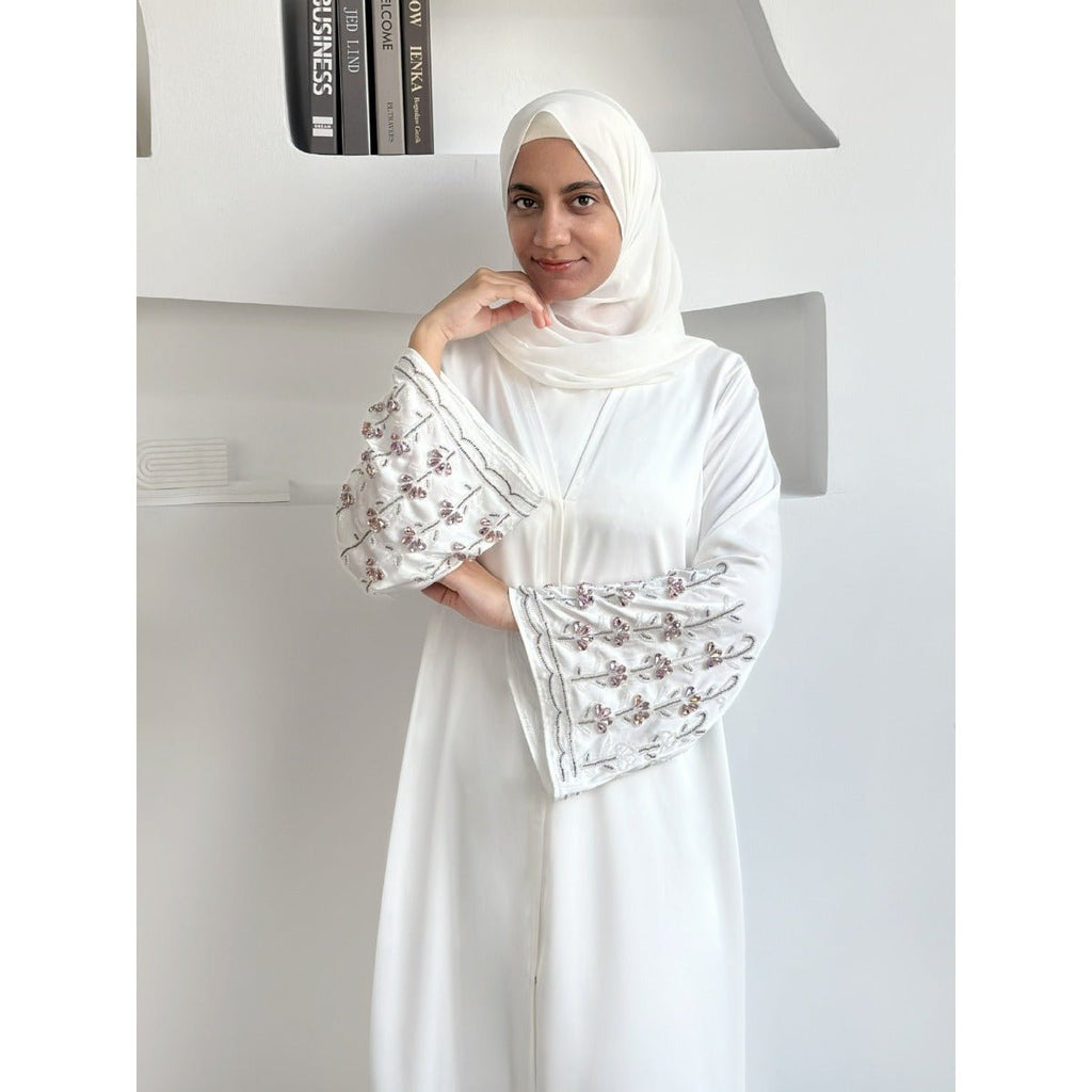 Diamond Glow Abaya Collection | Luxury Modest Fashion White & Blush Pink Embroidered Robes with Floral Sleeves (MOA205)