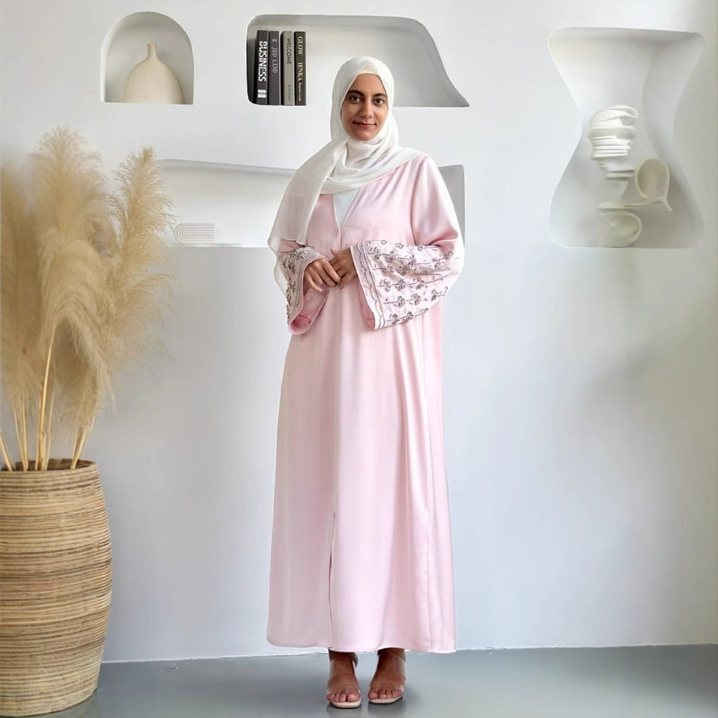 Diamond Glow Abaya Collection | Luxury Modest Fashion White & Blush Pink Embroidered Robes with Floral Sleeves (MOA205)