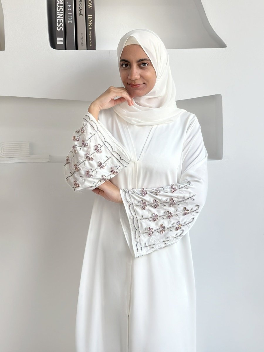 Diamond Glow Abaya Collection | Luxury Modest Fashion White & Blush Pink Embroidered Robes with Floral Sleeves (MOA205)