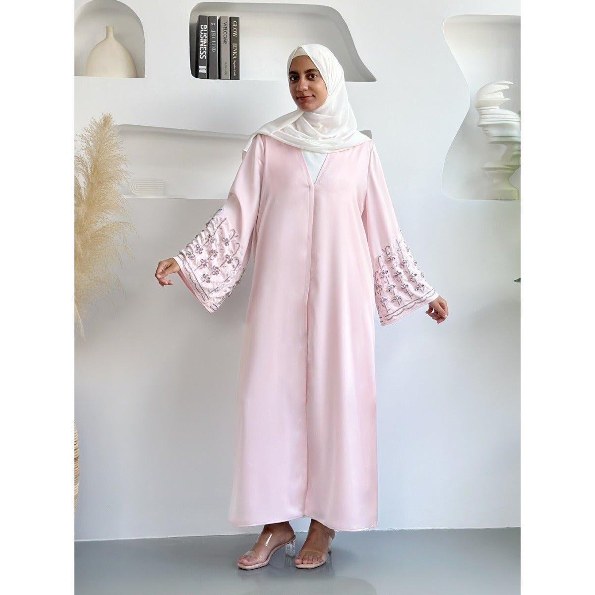 Diamond Glow Abaya Collection | Luxury Modest Fashion White & Blush Pink Embroidered Robes with Floral Sleeves (MOA205)
