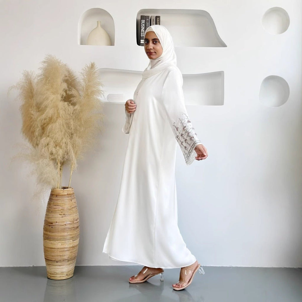 Diamond Glow Abaya Collection | Luxury Modest Fashion White & Blush Pink Embroidered Robes with Floral Sleeves (MOA205)