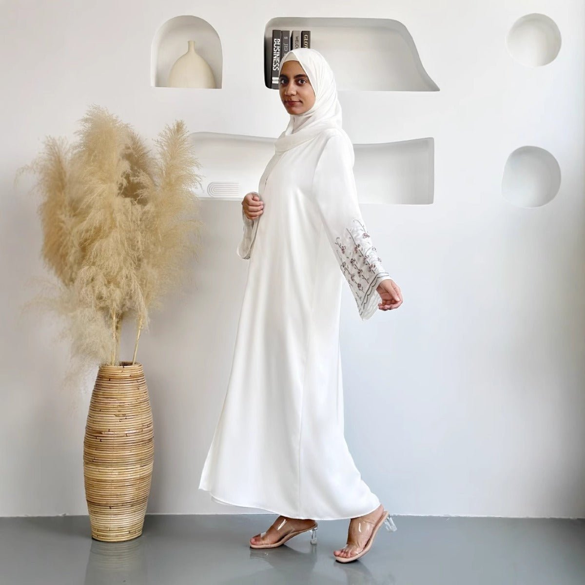 Diamond Glow Abaya Collection | Luxury Modest Fashion White & Blush Pink Embroidered Robes with Floral Sleeves (MOA205)