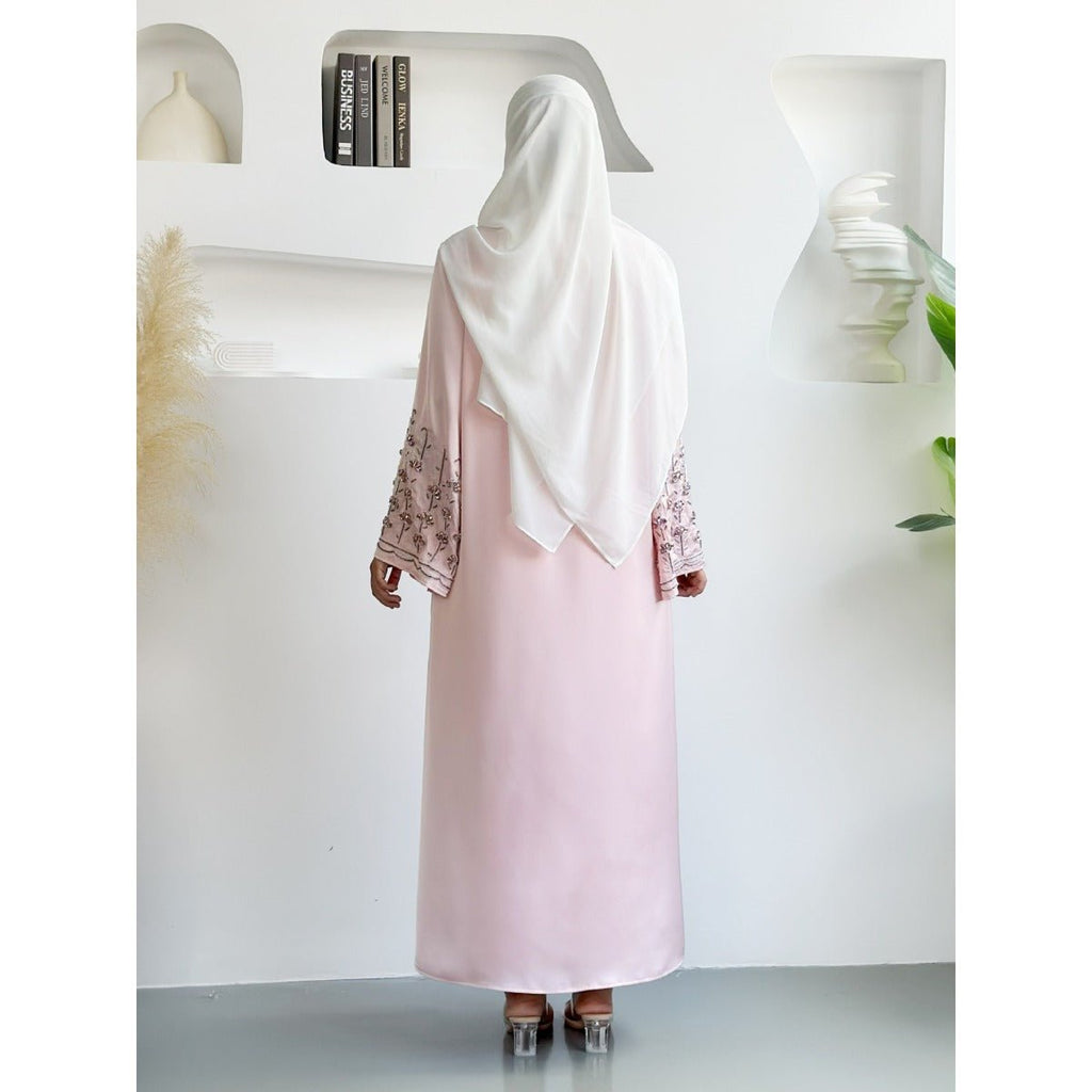 Diamond Glow Abaya Collection | Luxury Modest Fashion White & Blush Pink Embroidered Robes with Floral Sleeves (MOA205)
