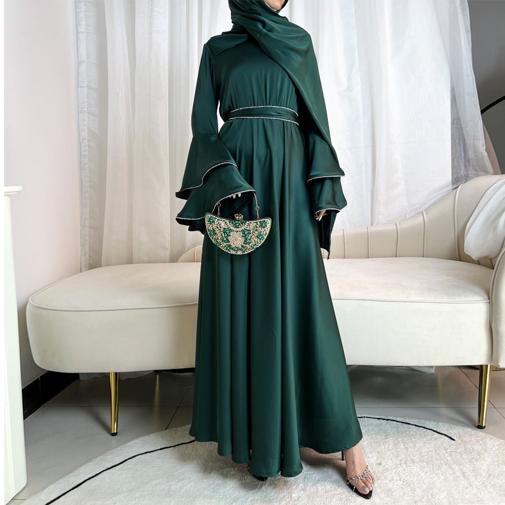 Diamond Modest Bell Sleeve Adjustable Waist Kaftan Dress Abaya with Hijab (MA169)