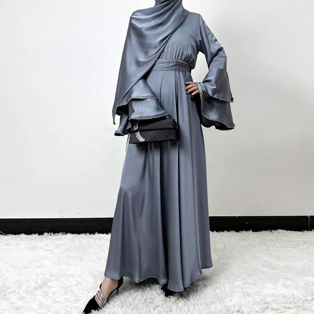Diamond Modest Bell Sleeve Adjustable Waist Kaftan Dress Abaya with Hijab (MA169)