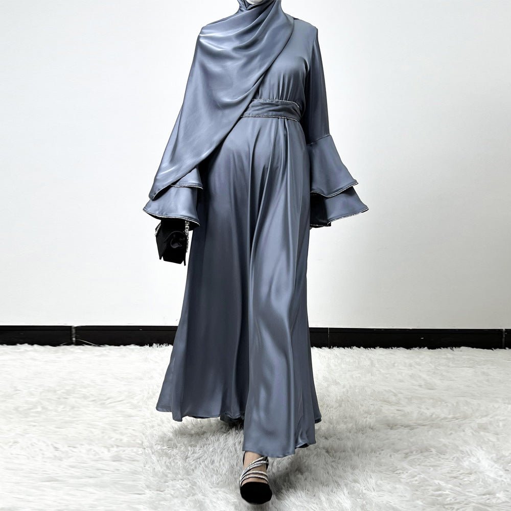 Diamond Modest Bell Sleeve Adjustable Waist Kaftan Dress Abaya with Hijab (MA169)