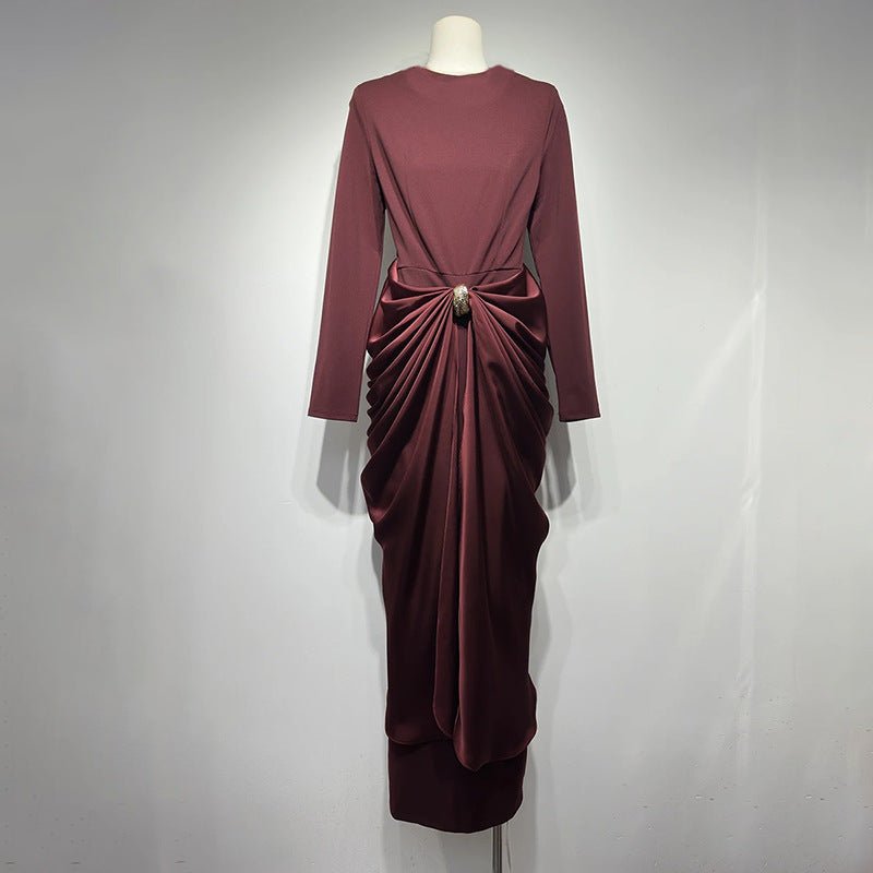 Draped Satin Skirt Dress with Jeweled Brooch(MS321)