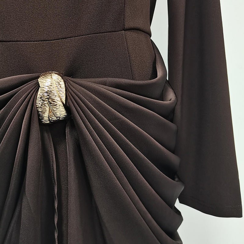 Draped Satin Skirt Dress with Jeweled Brooch(MS321)