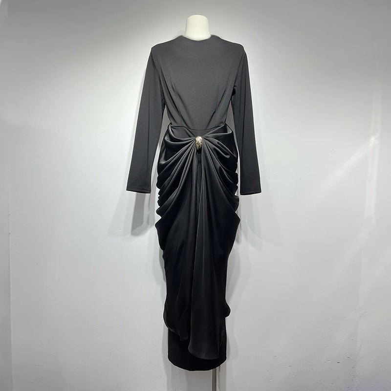 Draped Satin Skirt Dress with Jeweled Brooch(MS321)